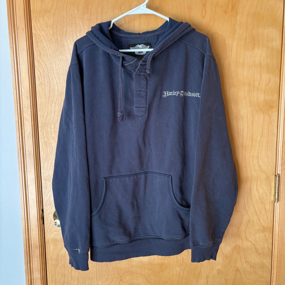 Harley-Davidson Henley Hoodie Mens Large‎ Navy Blue Graphic Eagle RN103819